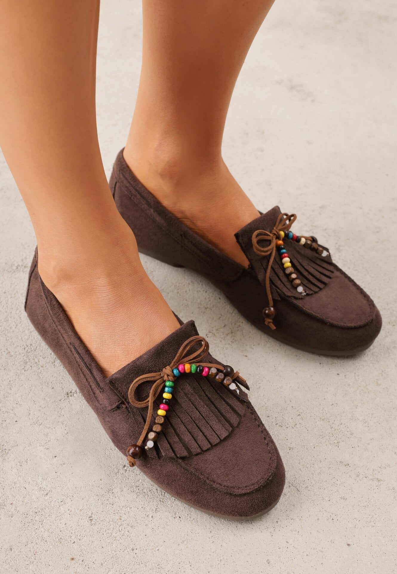 Ciemnibrązowe Mokasyny VICES z Wkładką ze Skóry Naturalnej i Ozdobnymi Koralikami Neni