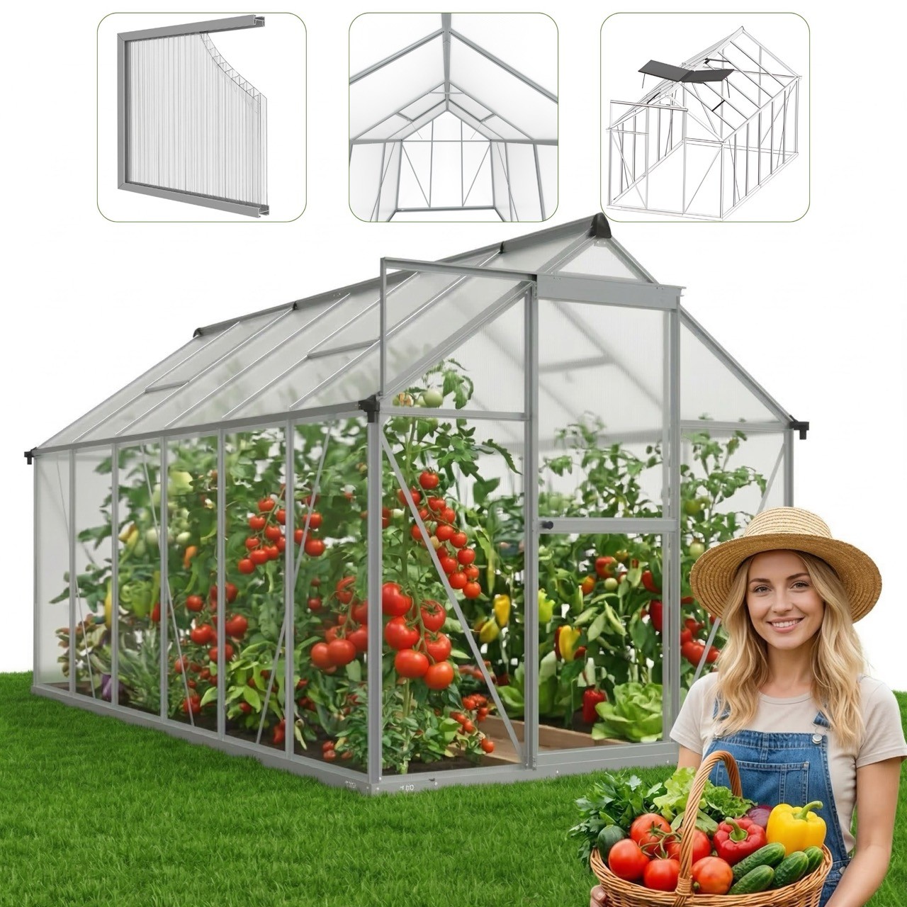 Garden Master AO-SZKL-PC-0001  szklarnia ogrodowa z poliwęglanu z oknami 361 cm x 183 cm 6,25m2