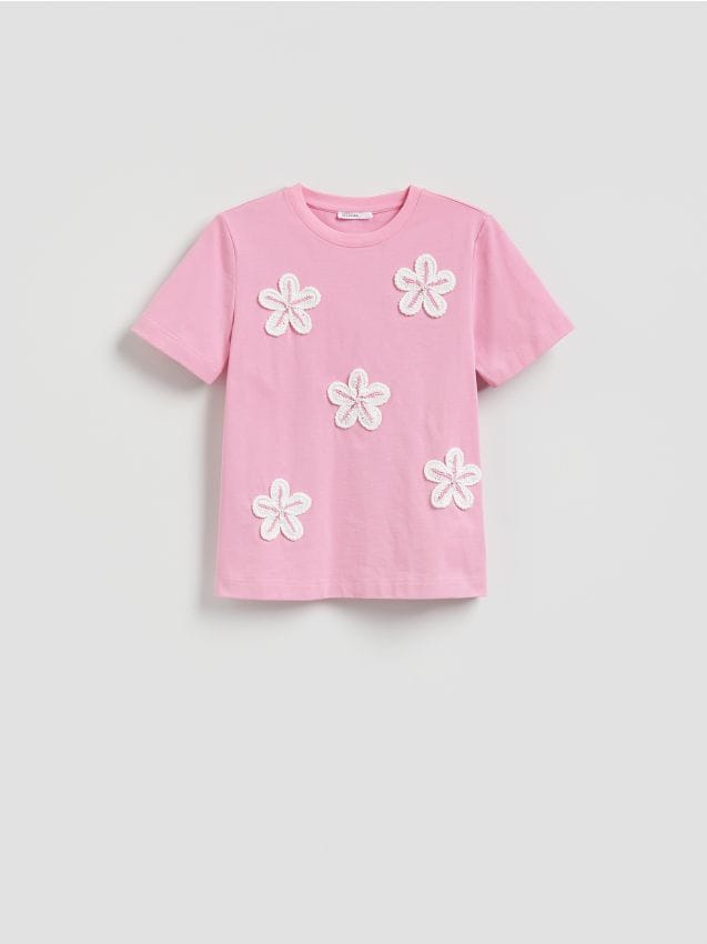 Reserved - T-shirt z haftem - różowy