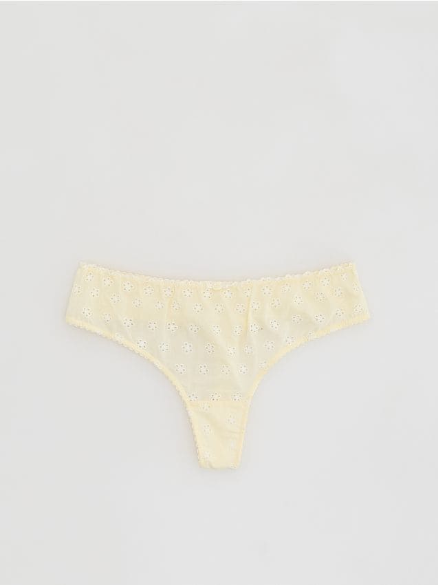 Reserved - Majtki stringi z ażurowym haftem - jasnożółty