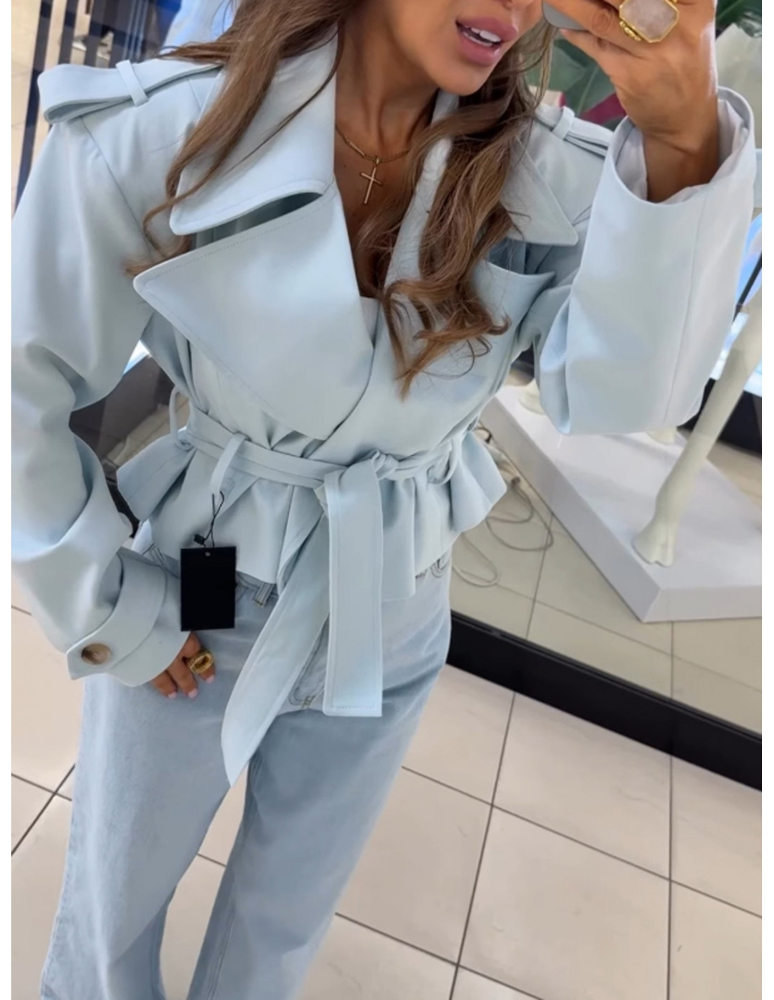 Bawełniany płaszcz trencz z paskiem HANTER - błękitny