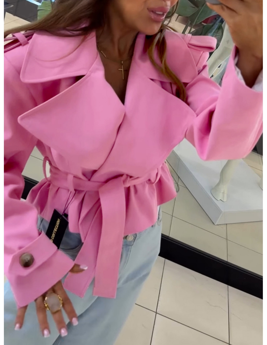 Bawełniany płaszcz trencz z paskiem HANTER - różowy