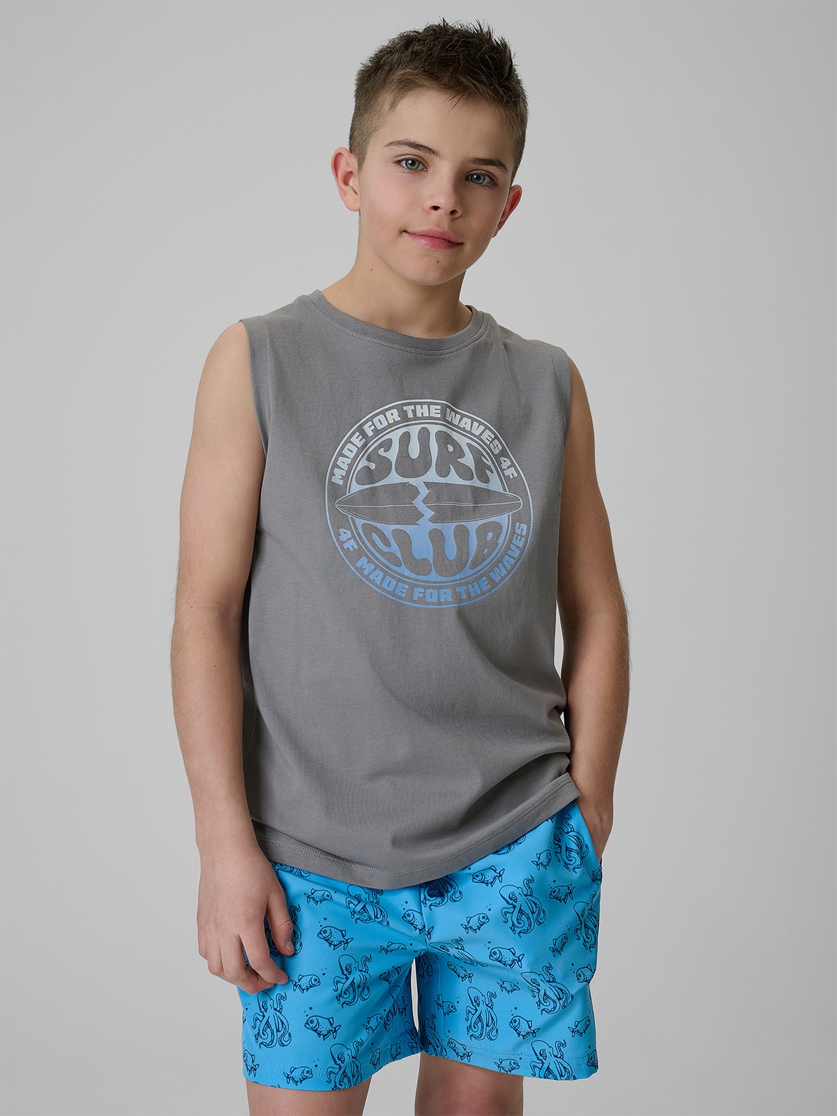 4F Koszulka bez rękawów loose z nadrukiem chłopięca - szara 164 (13-14 lat)