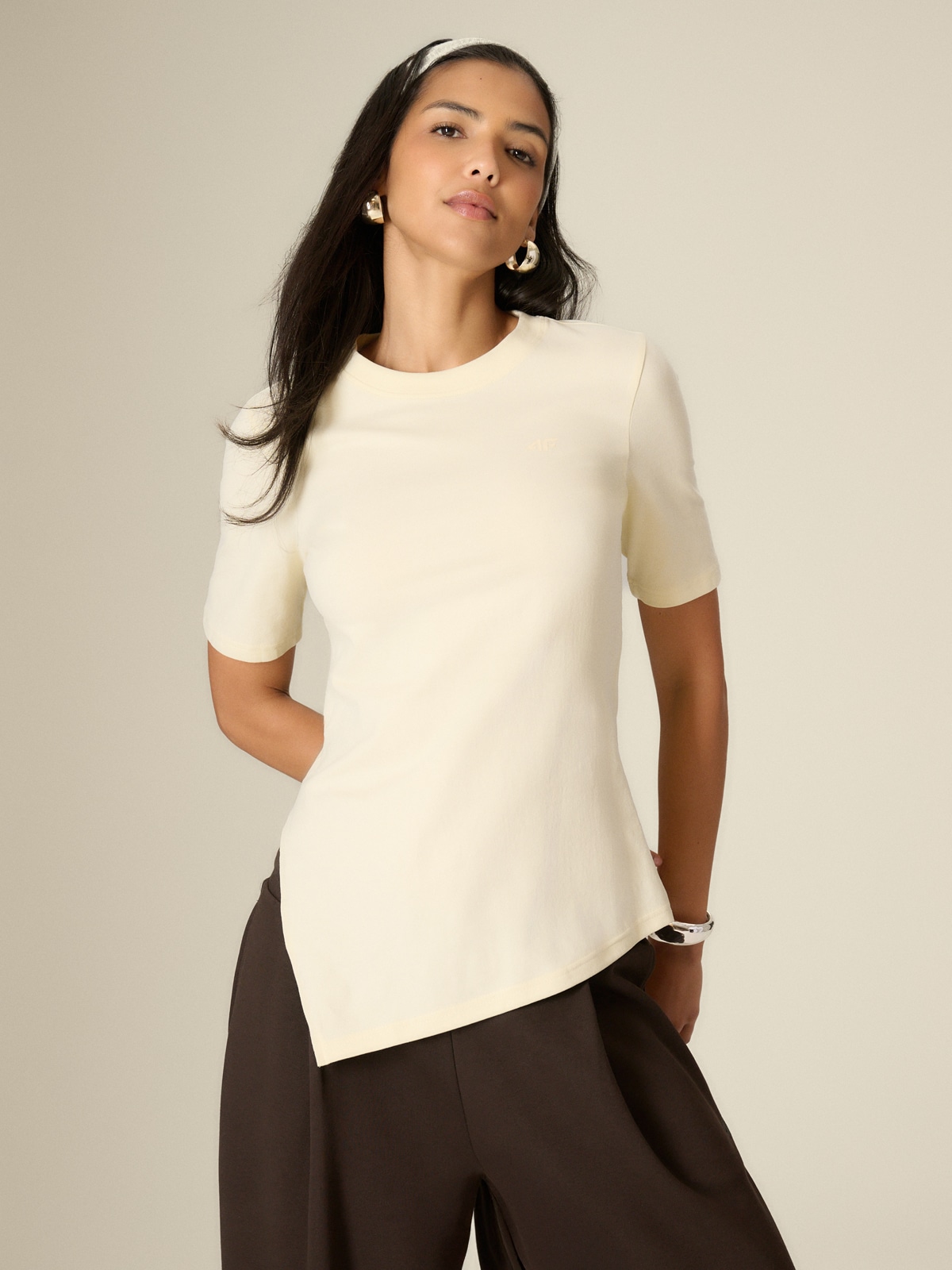 4F T-shirt regular gładki damski - żółty XS