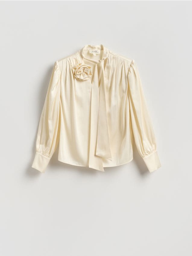 Reserved - Bluzka z ozdobnym wiązaniem - złamana biel