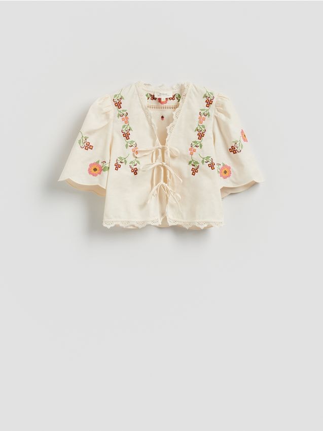 Reserved - Bluzka z haftem - kremowy