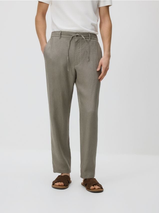 Reserved - Lniane spodnie chino straight - beżowy