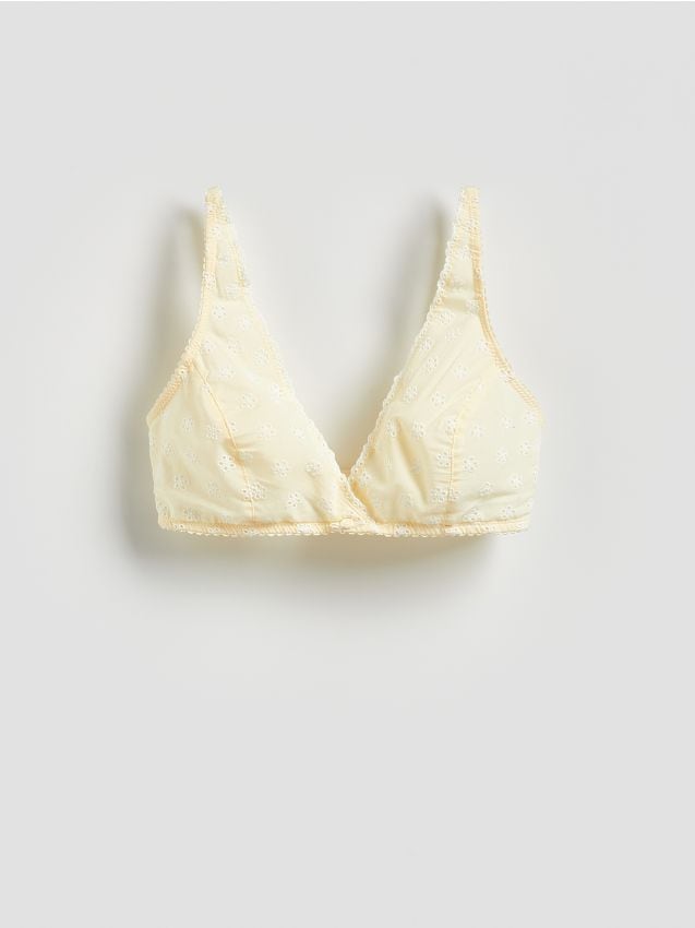 Reserved - Miękki biustonosz z haftem - jasnożółty