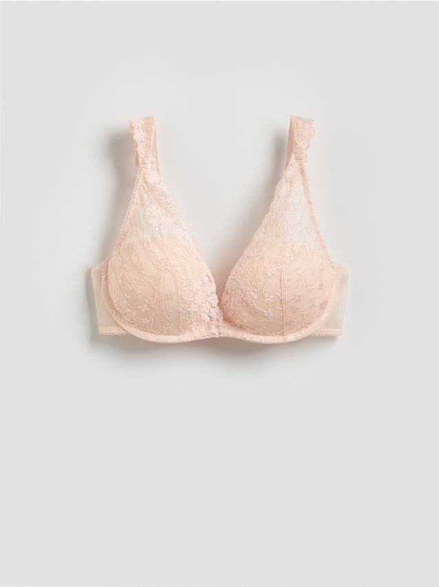 Reserved - Koronkowy biustonosz push up - kremowy