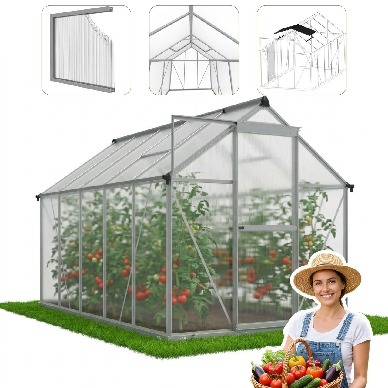 Garden Master Szklarnia ogrodowa z poliwęglanu z oknami dachowymi 302 cm x 183 cm 5,24 m2 AO-SZKL-PC-0002