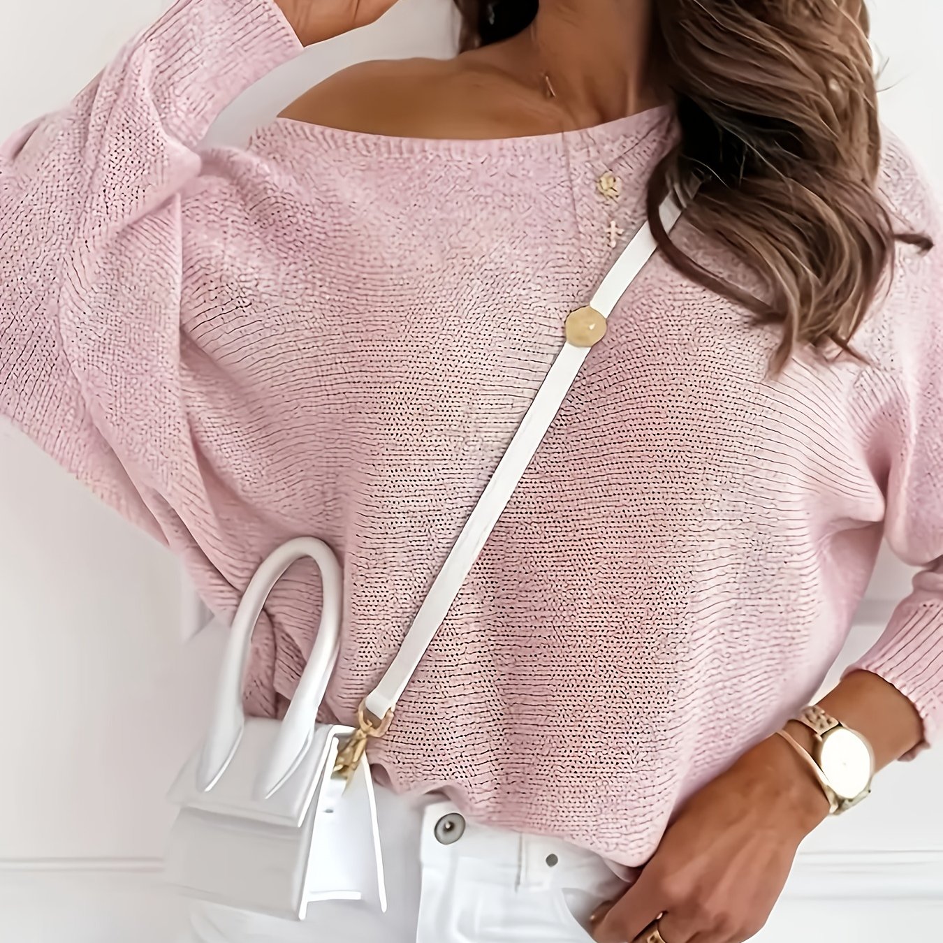 TEMU Modny Różowy Luźny Sweter Damski - Casualowy Krój z Odkrytymi Ramionami - Bluzka z Dekoltem w Stylu Łodzi, Jednolity , Elegancki Top z Rękawami