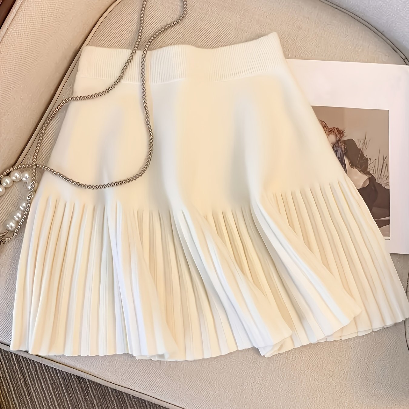 TEMU Damska plisowana spódnica z wysokim stanem - Wygodna czarna mini spódnica w kształcie litery A na jesień/zimę, styl casual z detalami z