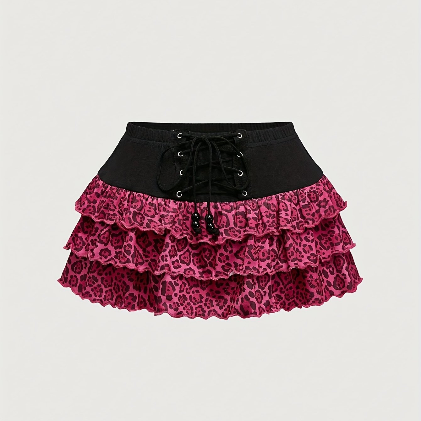 TEMU Sukienka w stylu retro Y2K z wiązaniem w talii i neonowym różowym panterką Falbana na dole, strój na festiwal muzyczny, możliwość prania w