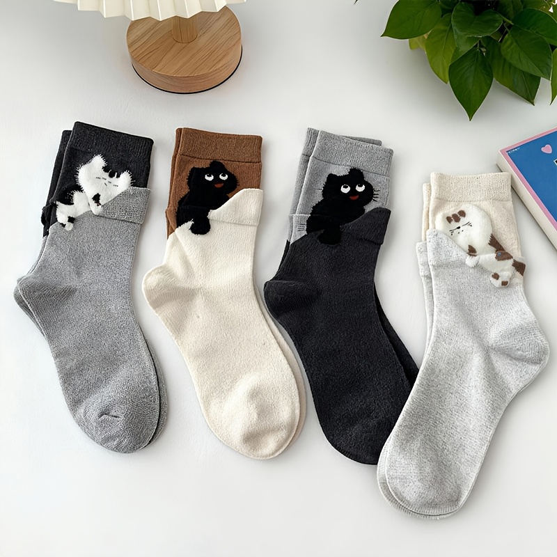 TEMU 4 Pary Japońskich Skarpetek Kawaii z Kotami - Miękkie, Do Połowy Łydki, Idealne do Noszenia, Urocze Motywy Kotków z Łapkami i Wzorami Tabby,