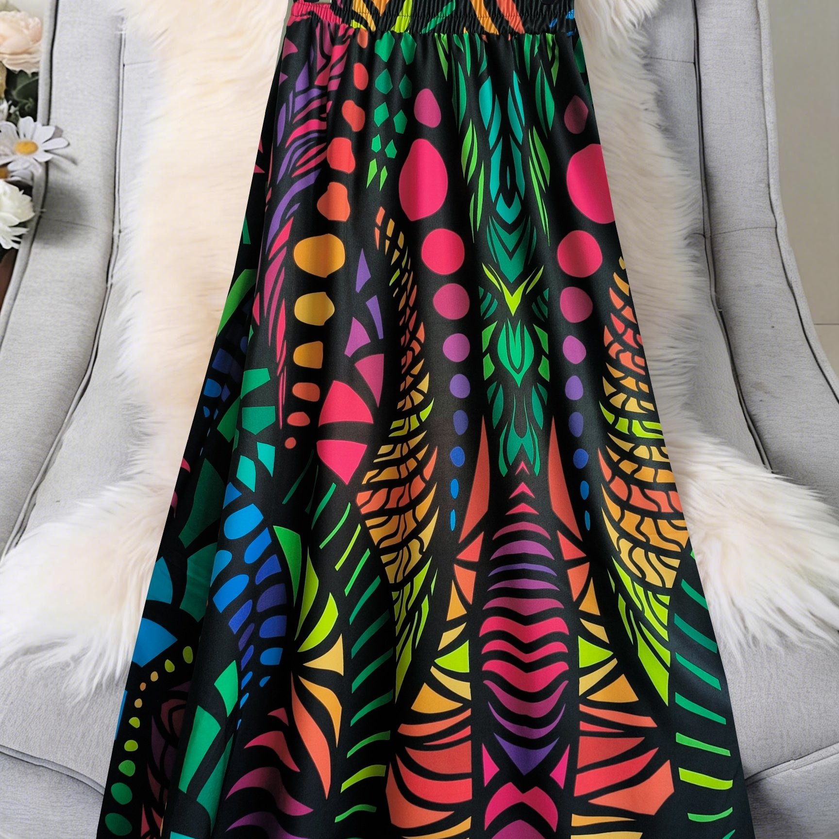 TEMU Damska wiosenno-letnia spódnica A-line z elastyczną talią i kwiatowym nadrukiem Elegancka spódnica plażowa na wakacje z detalem color block