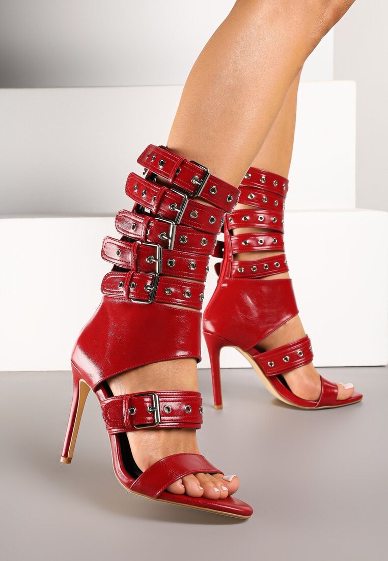 Czerwone Sandały Botki na Obcasie Zdobione Paskami ze Sprzączkami Idamirea