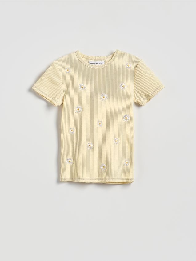 Reserved - Bawełniany t-shirt z haftem - jasnożółty