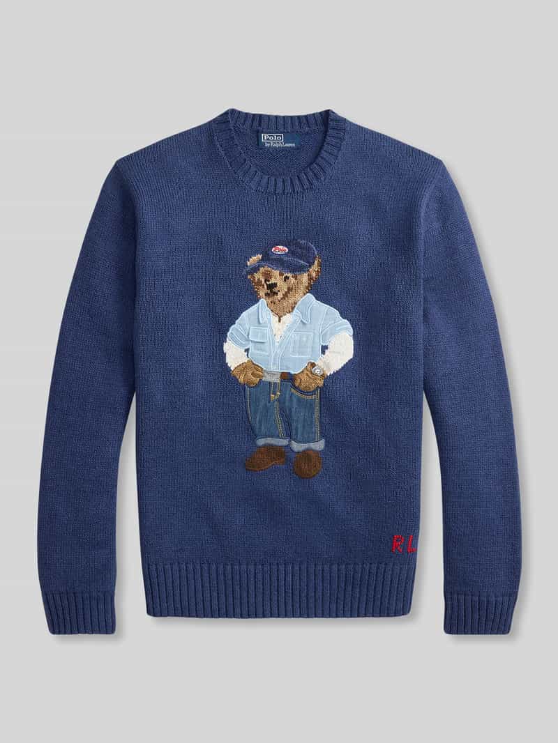 Sweter z dzianiny o kroju regular fit z nadrukiem polo bear i wyhaftowanym detalem