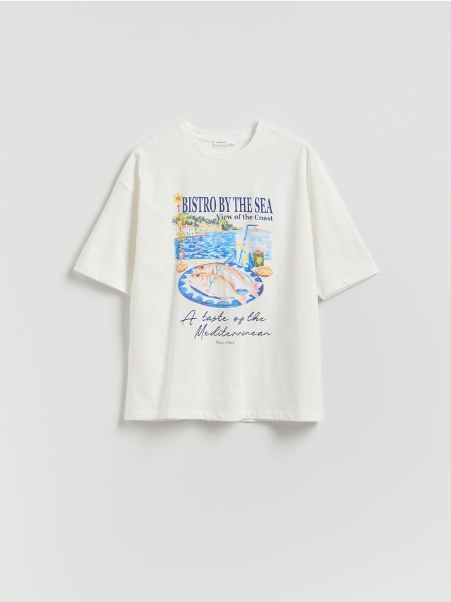 Reserved - T-shirt z nadrukiem - złamana biel