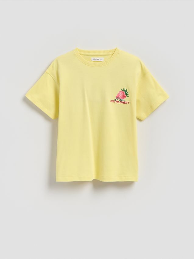 Reserved - Bawełniany t-shirt z aplikacją - jasnożółty
