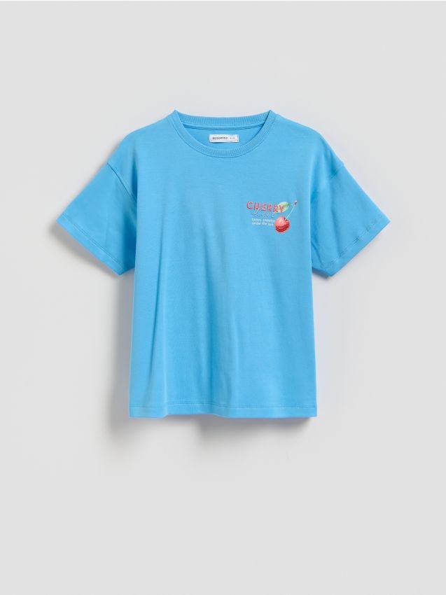 Reserved - Bawełniany t-shirt z aplikacją - niebieski