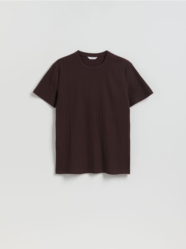 Reserved - T-shirt regular w prążek - ciemnobrązowy