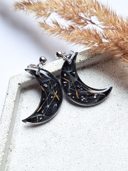 Kolczyki z żywicy księżyc z nasionami dmuchawca