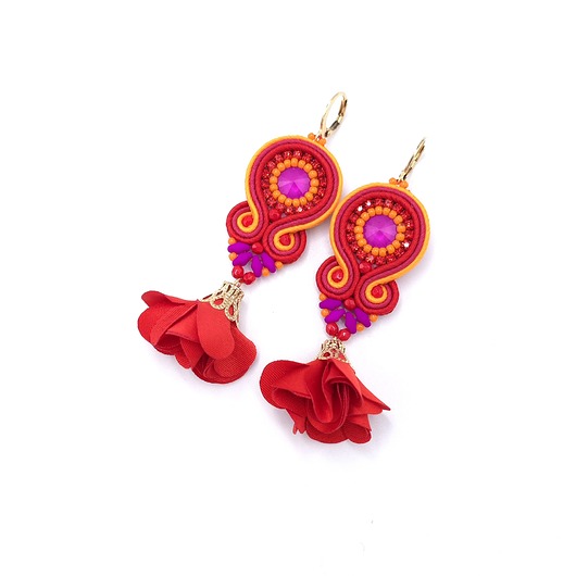 Kolczyki sutasz kolorowe czerwień pomarańcz róż Cleo z kwiatkiem