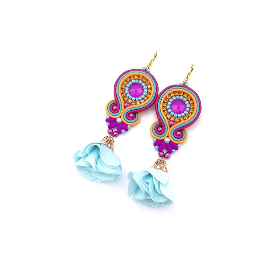 Kolczyki sutasz kolorowe turkus pomarańcz róż wiosenne Cleo z kwiatkiem