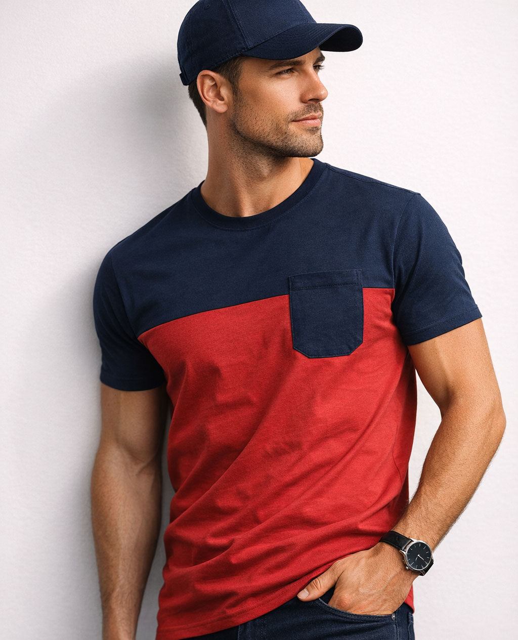 Koszulka męska t-shirt granatowo-czerwona z kieszonką Recea