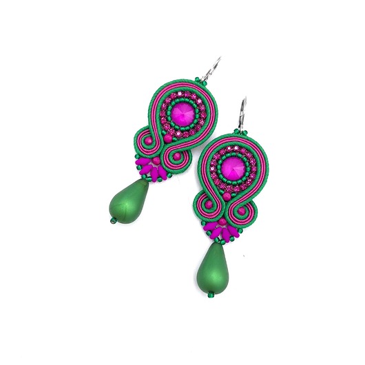 Kolczyki sutasz zielono fuksjowe kolorowe wiosenne z dużą łezką Cleo