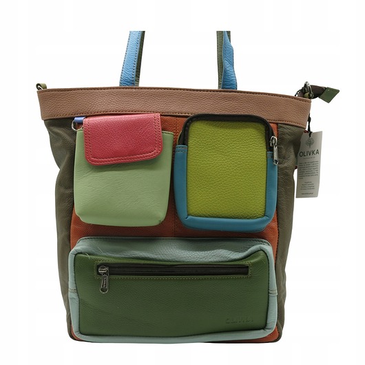 Torebka damska, duża, pojemna, kieszenie, mieści A4, skórzana, OLIVKA