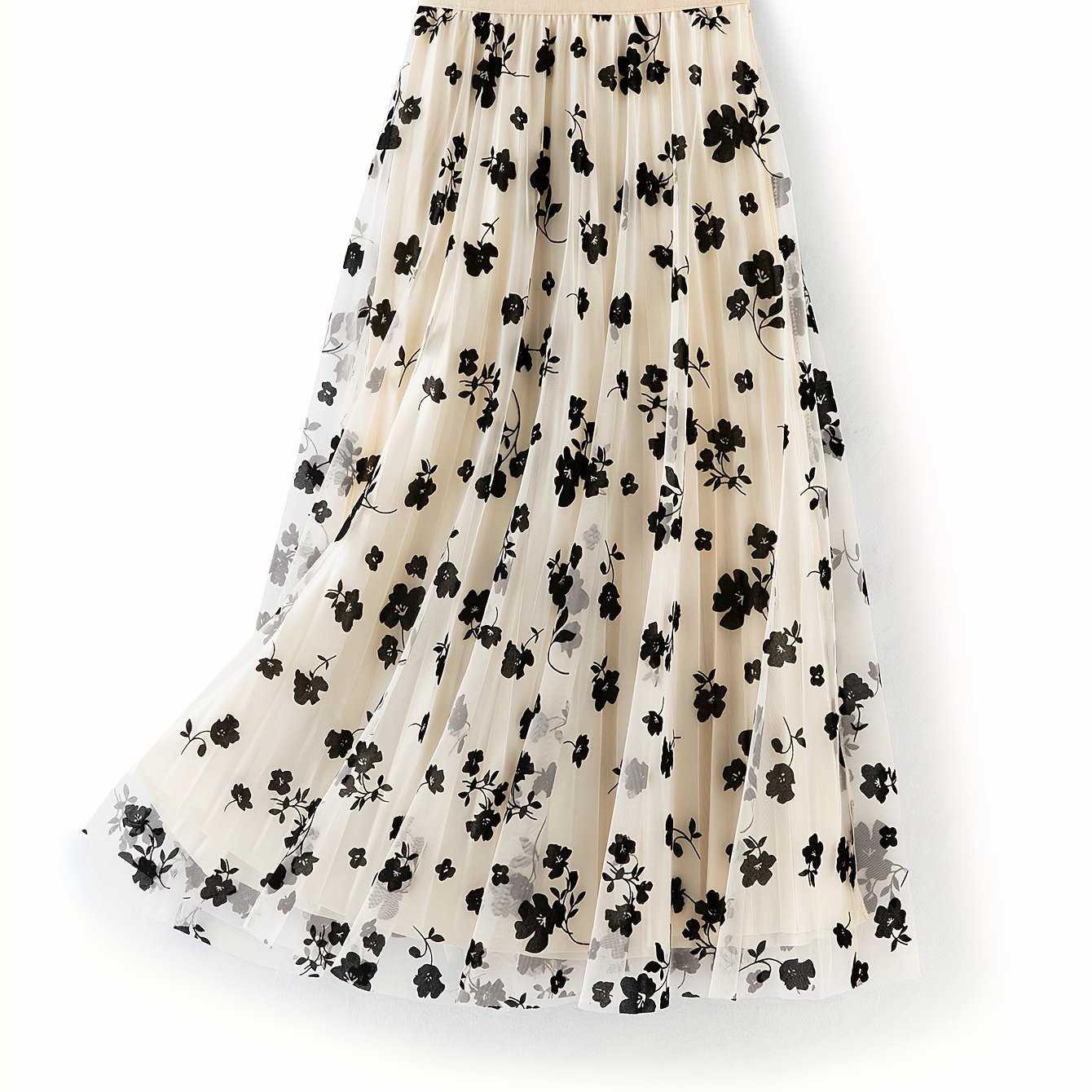 TEMU Wiosenno-jesienna trójwymiarowa spódnica z siateczki z welurowym wykończeniem, wysokotaliiowa plisowana spódnica długa w kształcie litery A z