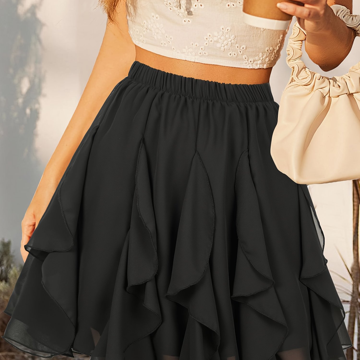 TEMU Spódnica z szyfonu dla kobiet, detal falbanki, casualowy krój A-line, idealna na co dzień i imprezy