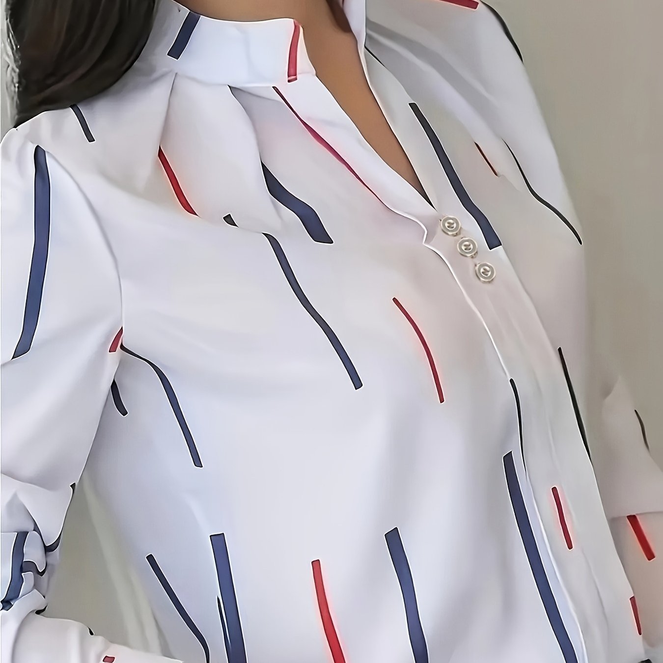 TEMU Elegancka koszula damska z długim rękawem w paski, z małą stójką i wykwintnymi guzikami, idealna do dojazdów do pracy i codziennych wyjść wiosną