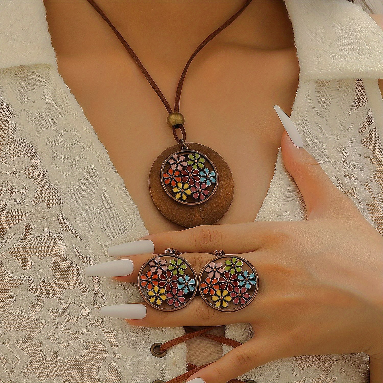 TEMU Kreatywna Retro Biżuteria: Kolczyki + Naszyjnik, Wisiorek z Kwiatem w Kolorze Oleju, Boho Etniczny Styl, Codzienny na Prezent