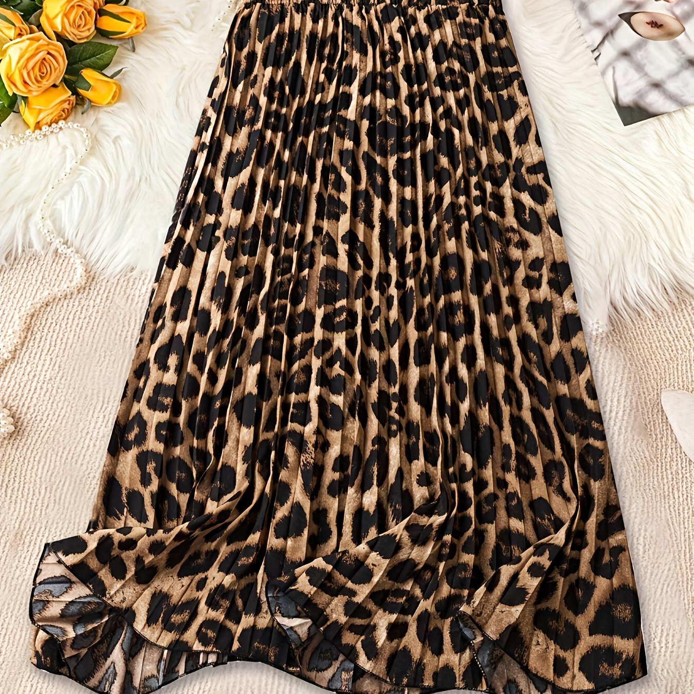 TEMU Elegancka sukienka maxi damska w panterkę - zwiewna długa spódnica w kształcie litery A z paskiem w talii, brązowo-zwierzęcy wzór, idealna na