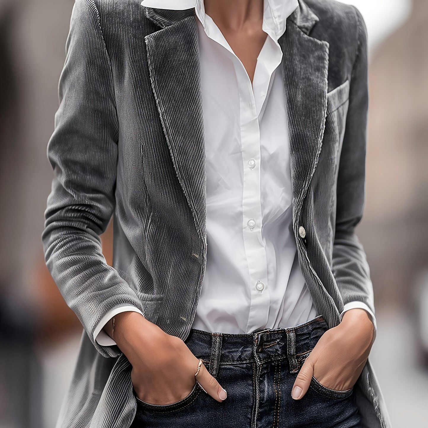 TEMU Szara kurtka damska z klapami, dopasowany krój, styl retro, kurtka do garnituru, do codziennych dojazdów, uniwersalna, ekskluzywna, do pracy,