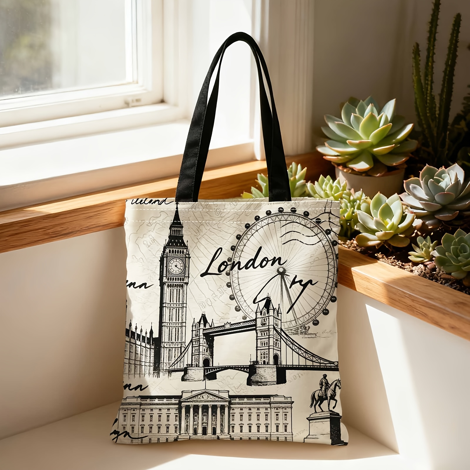 TEMU Torba na zakupy, przenośna torba na ramię i do ręki, 2D dwustronny nadruk, londyńskie zabytki, , Tower Bridge, idealna na podróże, kosmetyki,