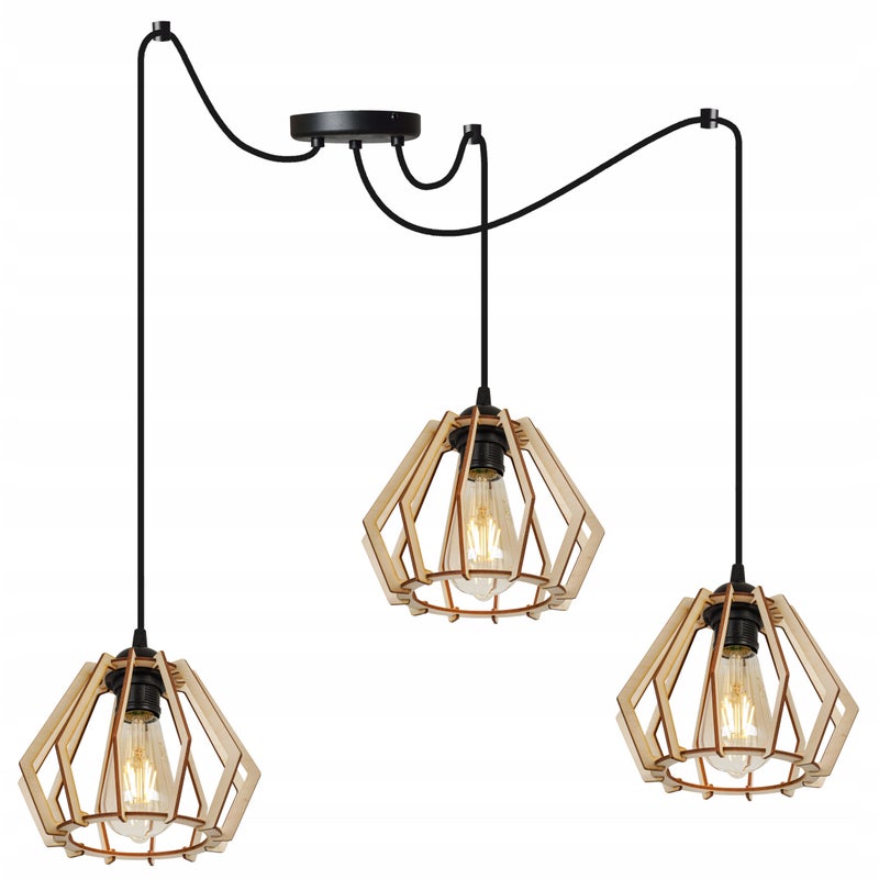 Lampa sufitowa wisząca modern Spider Timber 3xE27 klosz drewniany diament beżowy Light Home LH