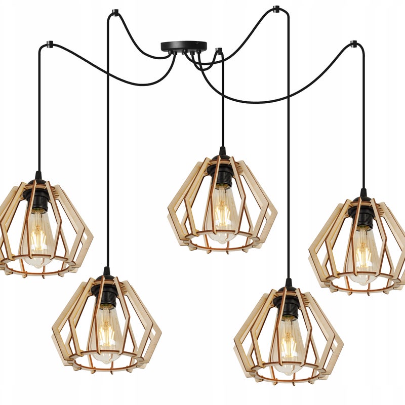 Lampa sufitowa wisząca modern Spider Timber 5xE27 klosz drewniany diament beżowy Light Home LH