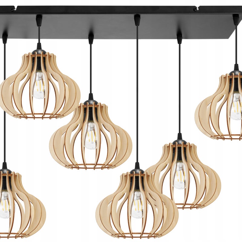 Lampa sufitowa wisząca Timber modern 6xE27 abażur owalny drewniany beżowy Light Home LH