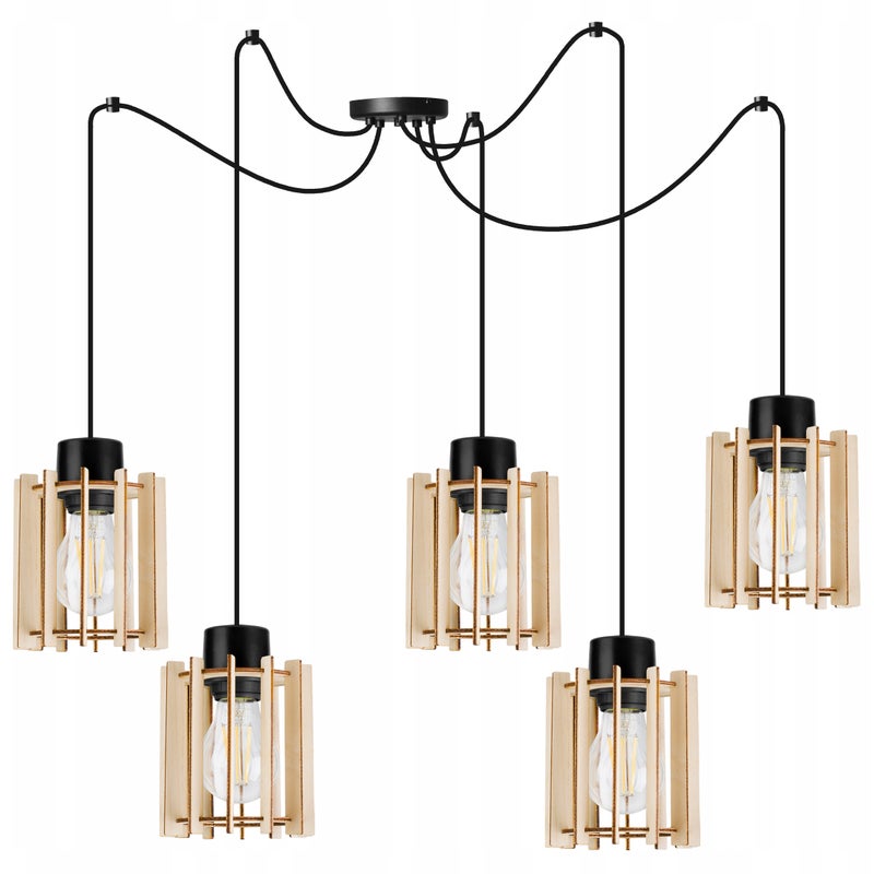 Lampa sufitowa wisząca modern Spider Timber 5xE27 klosz drewniany prostokątny beżowy Light Home LH