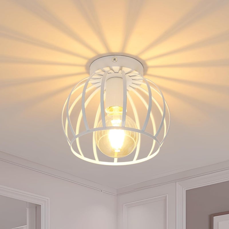 GLAMARIS Przemysłowa Lampa Sufitowa Metalowej Klatce Lampa Sufitowa Stylu Vintage Drewna Lampa Sufitowa Retro Salonu Kuchni Sypialni Korytarza Biała