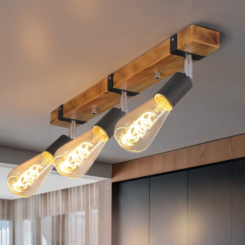 HAWUE 3 Spoty E27 max 25 watów 55 cm Retro drewniana lampa sufitowa Drewniany reflektor z regulowaną i obrotową żarówką odpowiedni do korytarzy