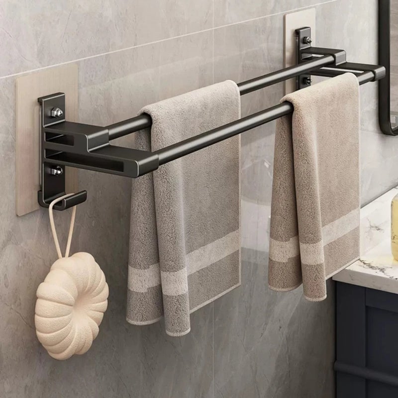 KAKET Aluminiowy Wieszak na Ręczniki do Łazienki, Samoprzylepny, Bez Wiercenia, Podwójny Drążek, Czarny Organizer Prysznicowy 50CM
