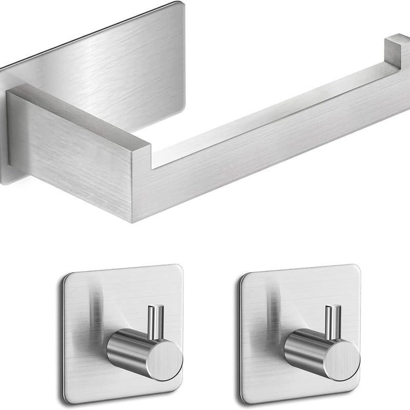 Samoprzylepny uchwyt na papier toaletowy z 2 haczykami na ręczniki, bez wiercenia, do łazienki, kuchni, stal nierdzewna SUS304