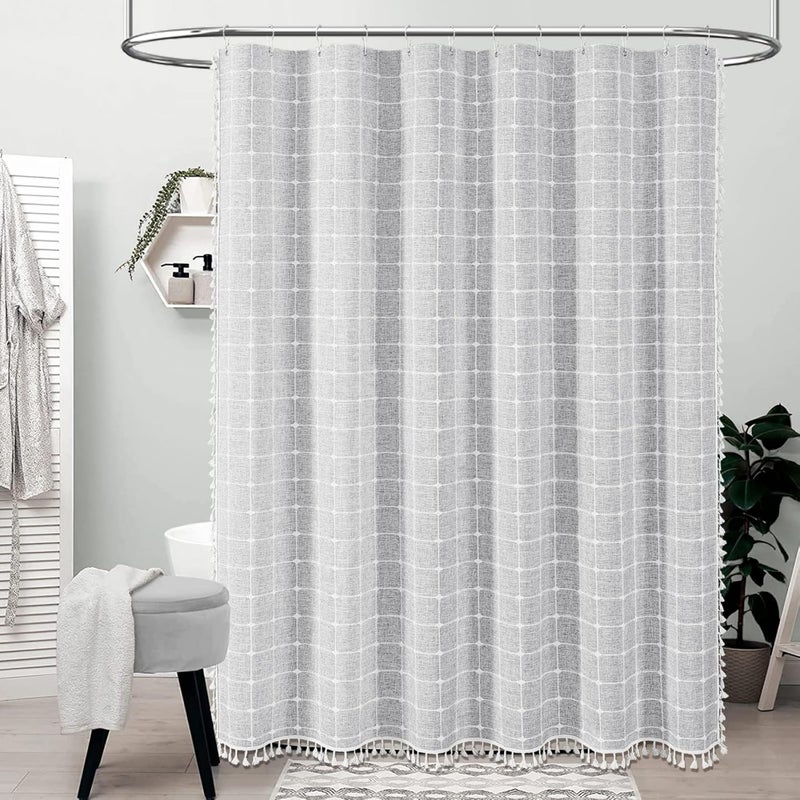 Lniana zasłona prysznicowa w stylu boho z frędzlami, dekoracja łazienki, 183 x 183 cm (jasnoszary)