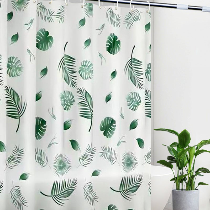 Wodoodporna i odporna na pleśń zasłona prysznicowa z haczykami, 180 cm szerokości i 180 cm wysokości, Zielone liście