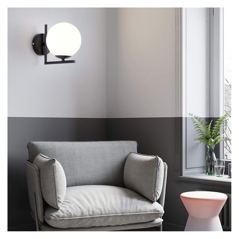 Kinkiet szklany kula E27, nordycka kreatywna metalowa lampa ścienna, podłączona do zasilania, do sypialni.